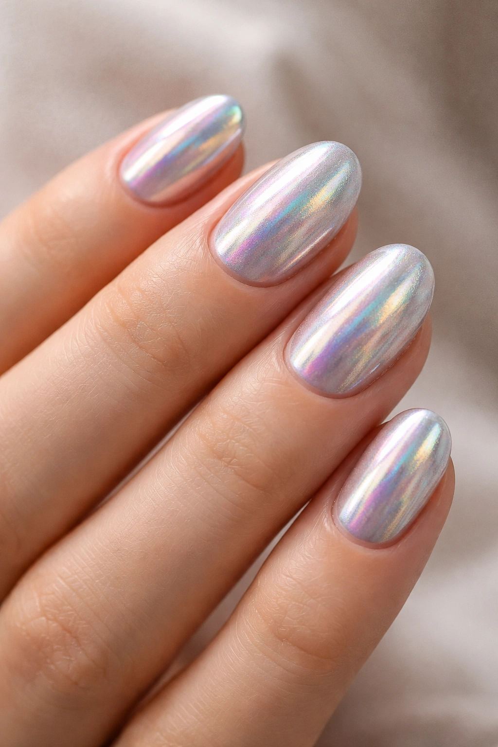 Close-up of short oval nails with holographic chrome showing rainbow shifts