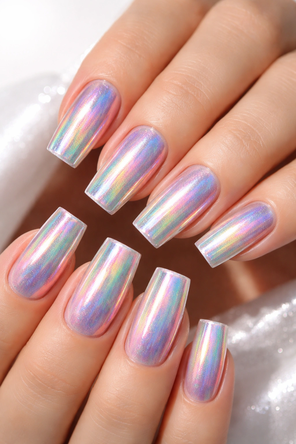 Holographic chrome square nails with rainbow shimmer
