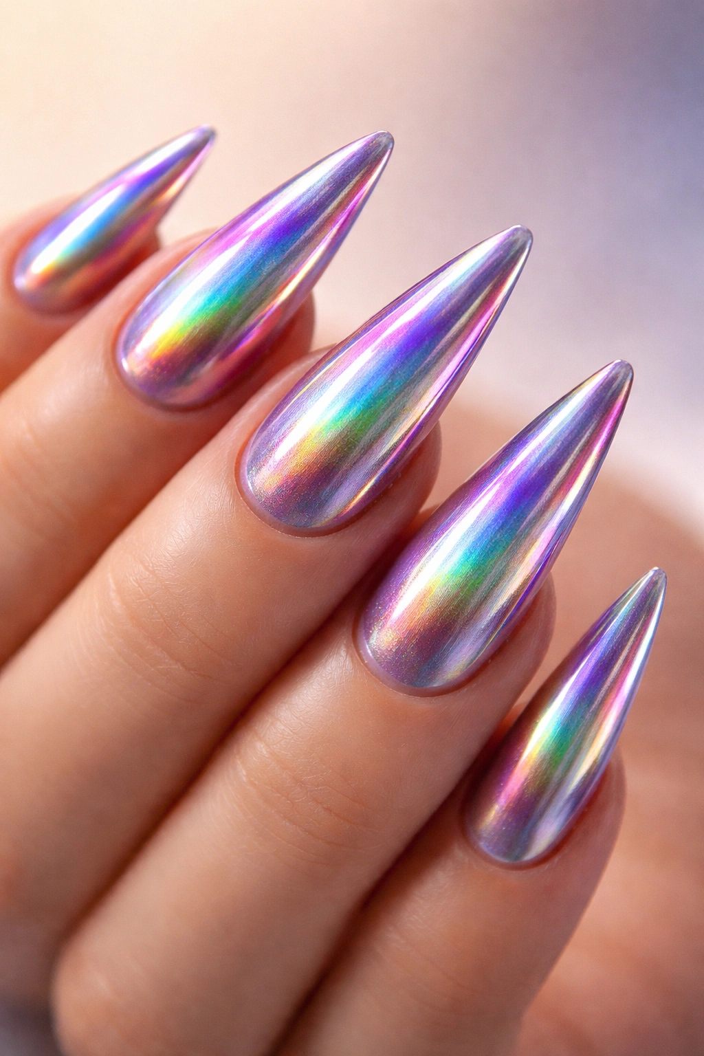 Close-up of holographic rainbow chrome stiletto nails with prism reflections