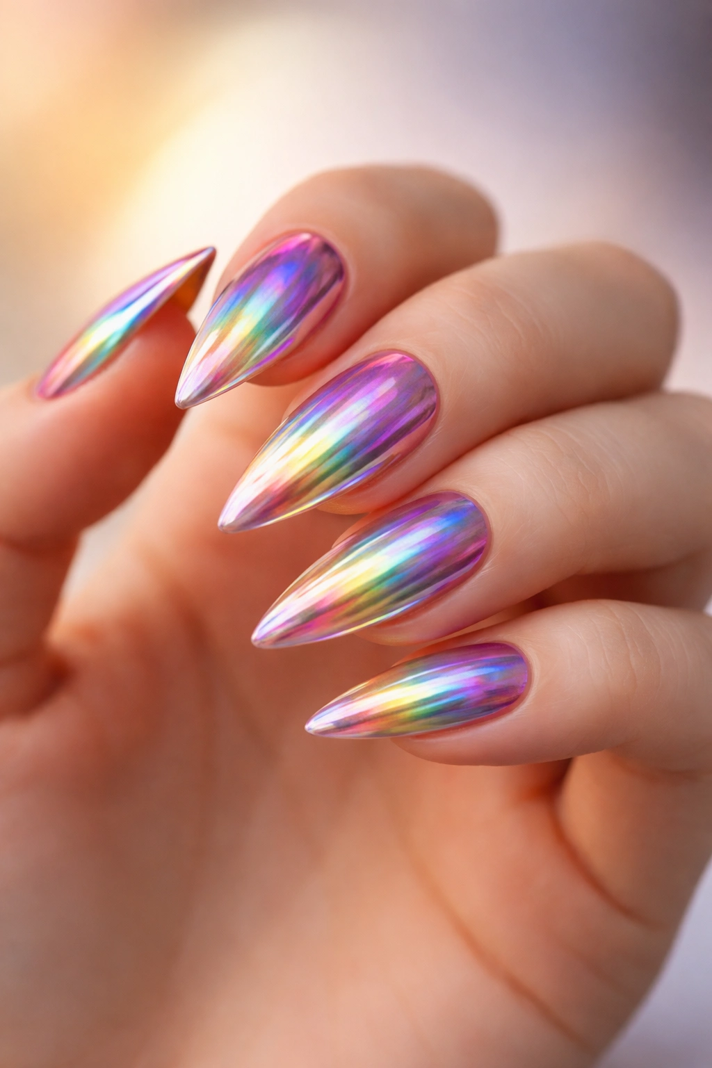 Close-up of holographic rainbow chrome stiletto nails on a hand