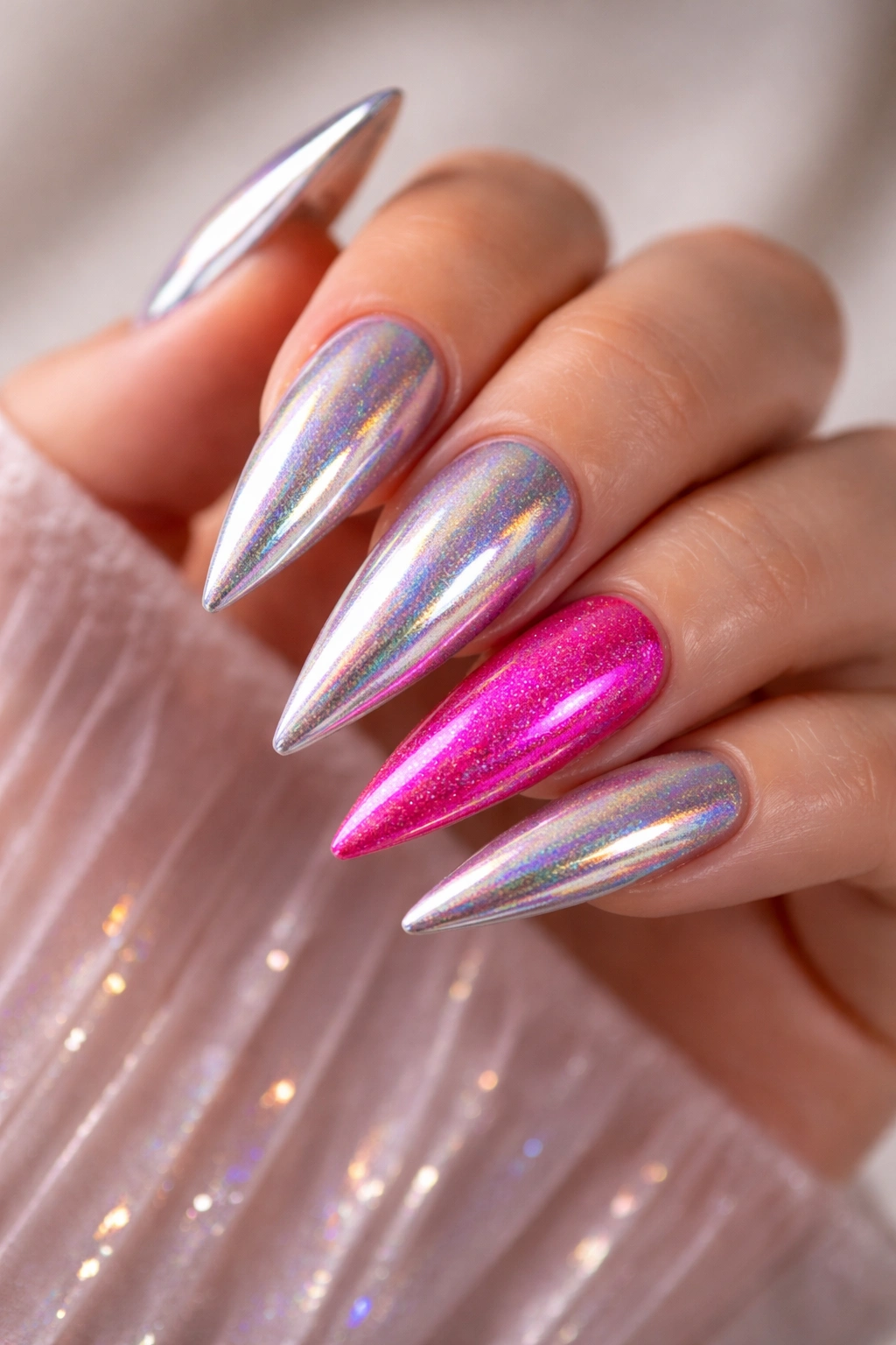Hand with chrome holographic nails and a hot pink accent nail