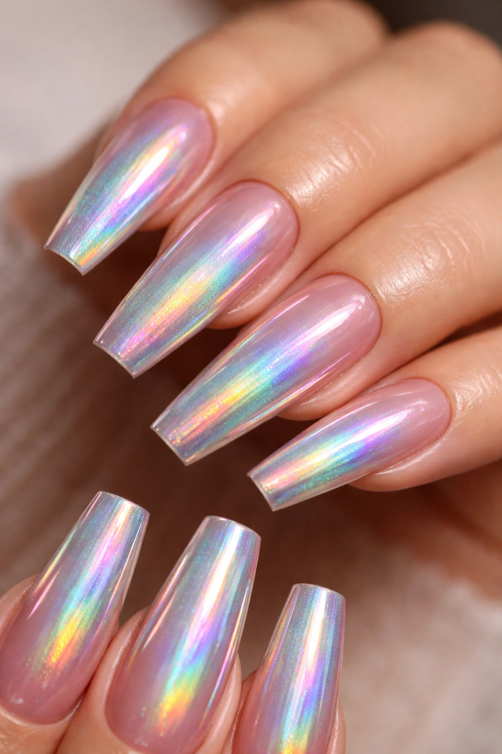 Coffin nails with holographic chrome rainbow shift