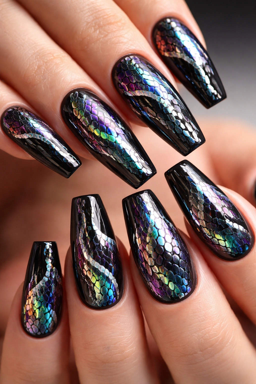 Dark nails with holographic chrome snake print that shifts colors in light.
