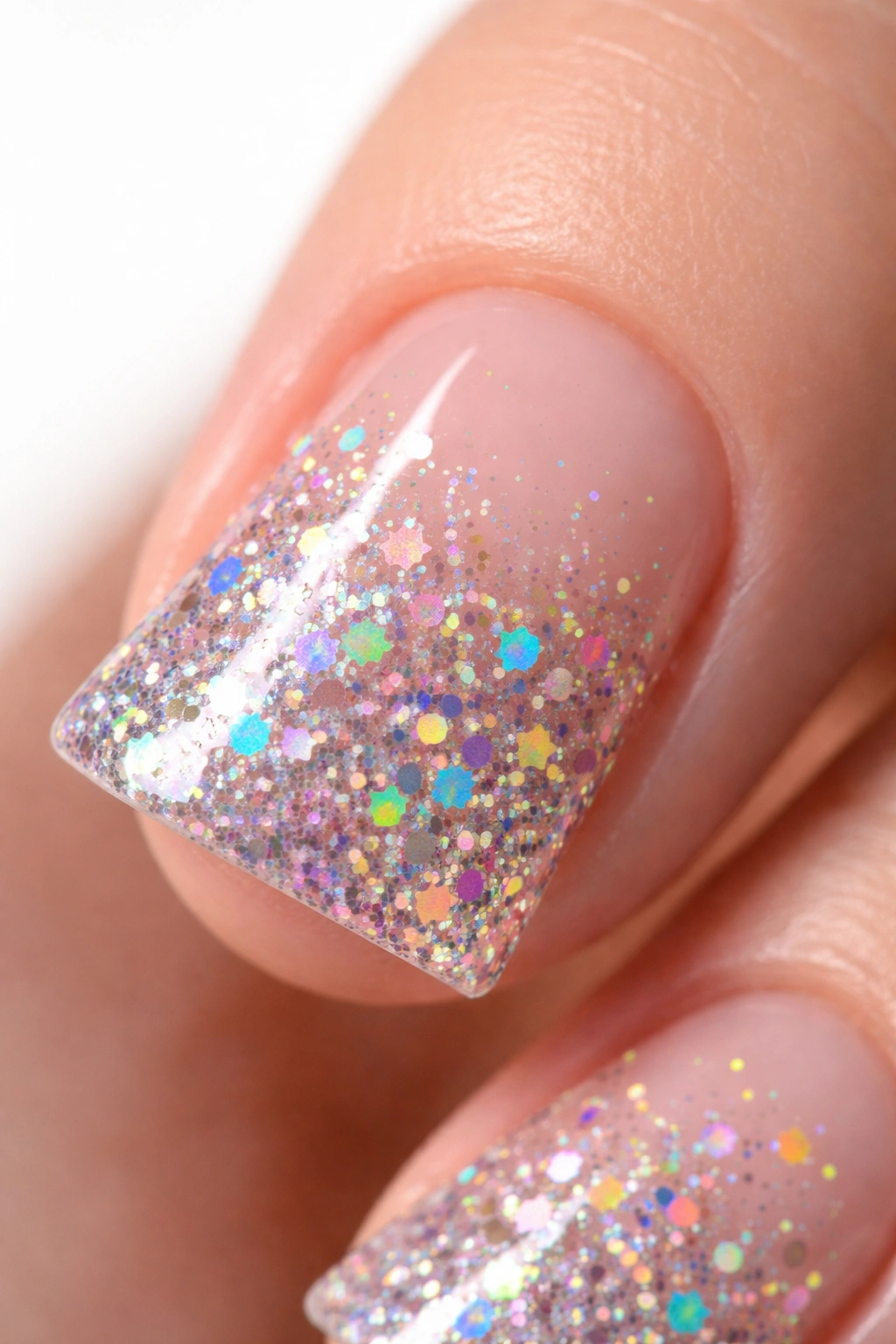 Close-up of a short duck nail with holographic confetti flakes concentrated at the tip