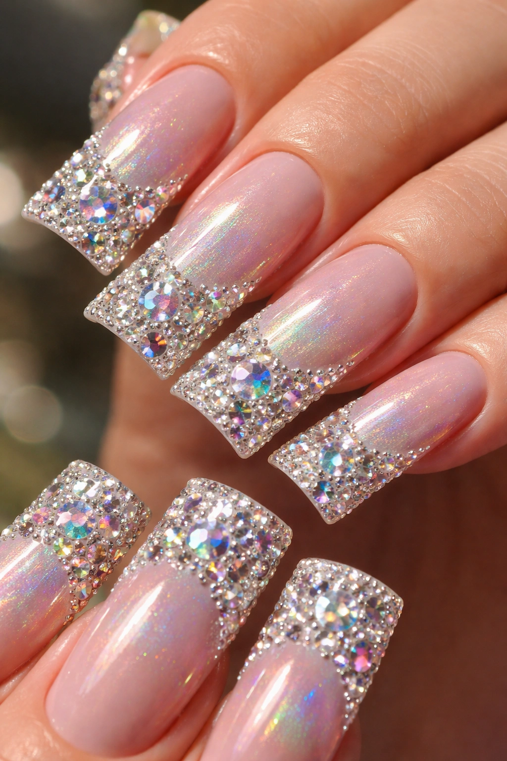 Duck nail tips with holographic base and embedded crystals along the tip.
