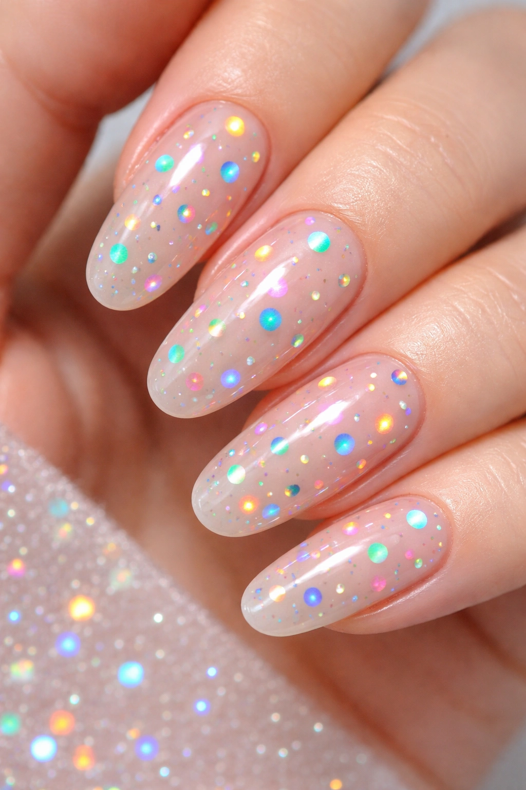 Close-up of nails with holographic dot designs on neutral base