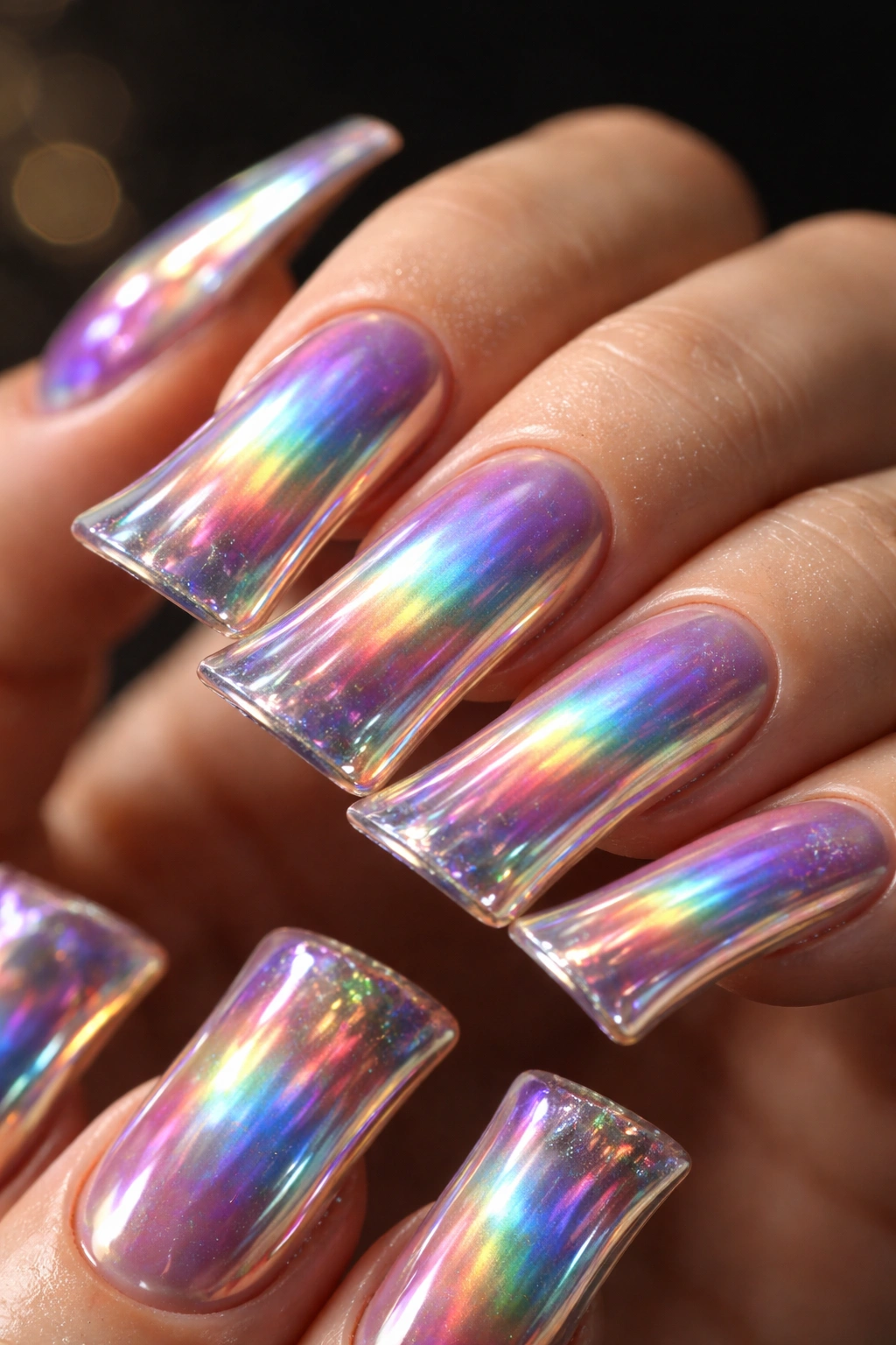 Close-up of holographic iridescent duck nails catching rainbow light