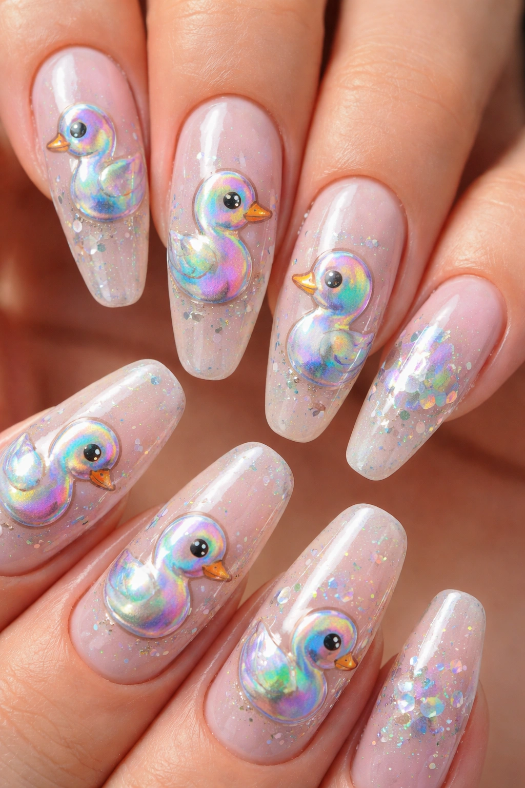 Holographic duck design on long nails with iridescent color shifts