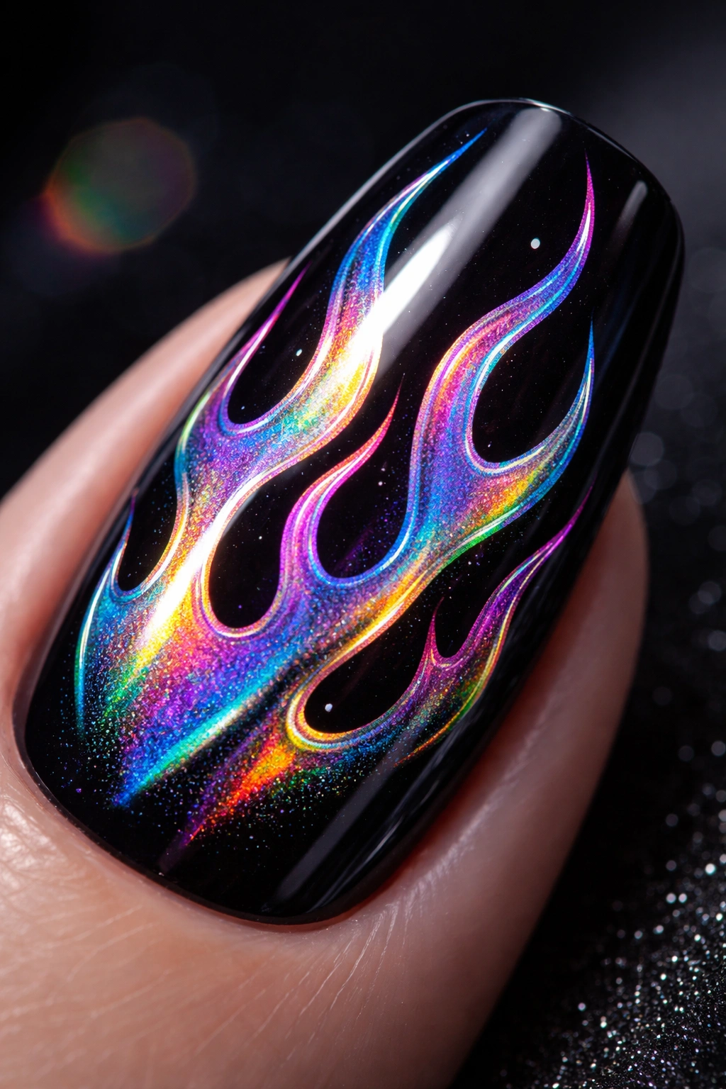 Holographic flame design on dark nail base with iridescent colors