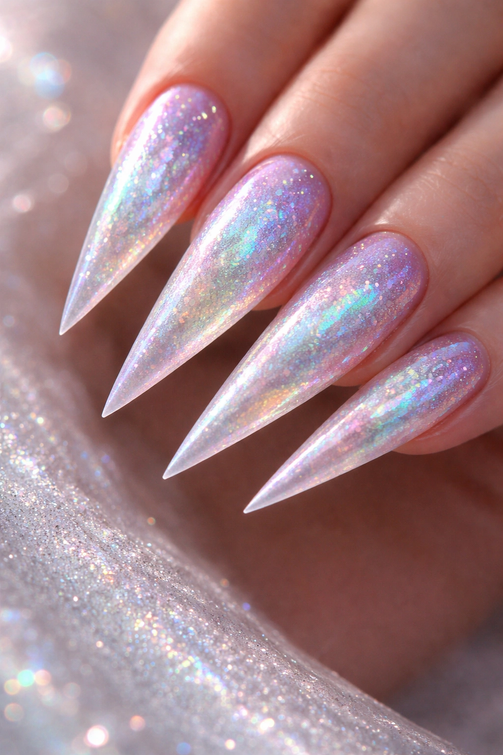 Close-up of Frosty Holographic Stilettos nails with iridescent shimmer