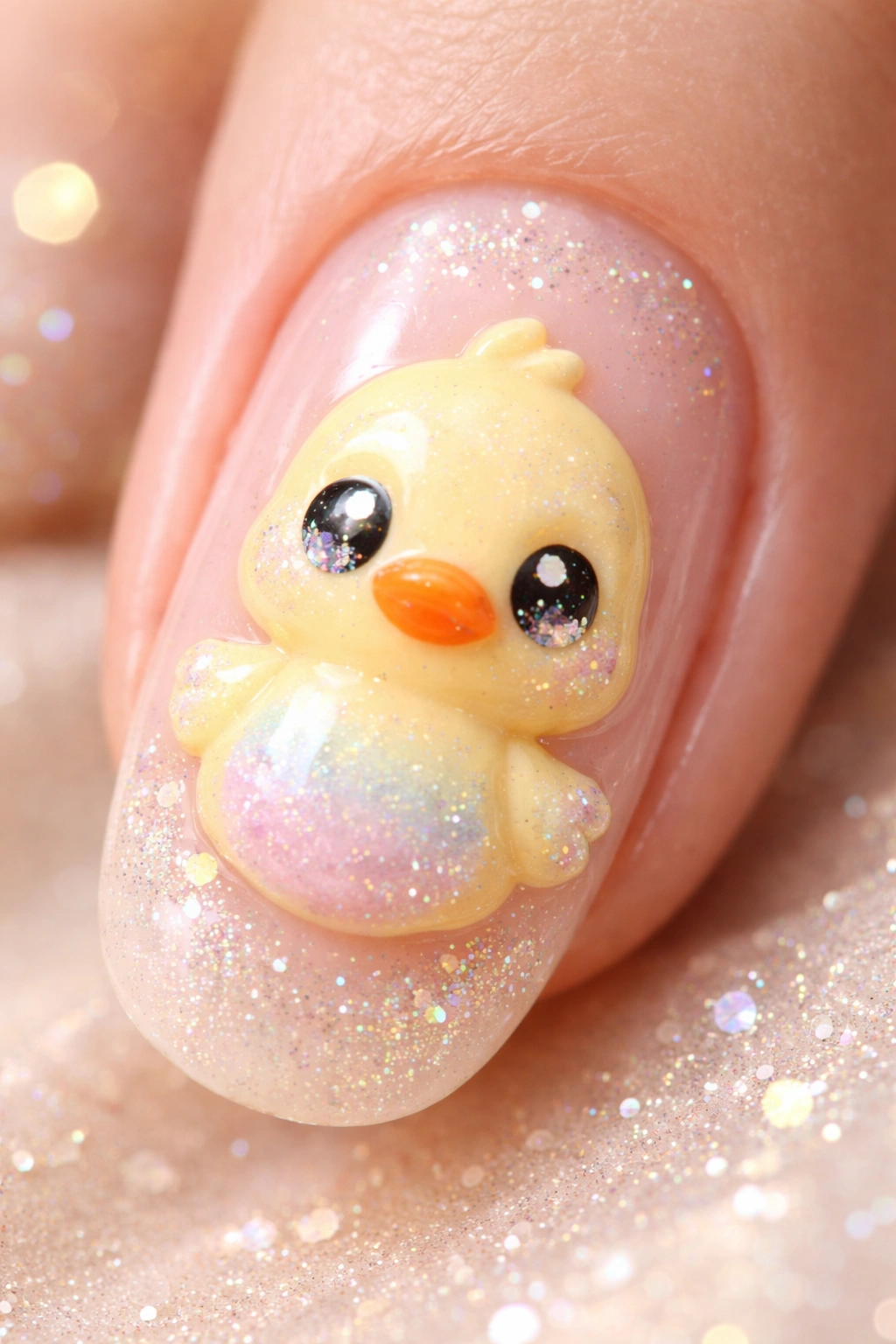 Duck nail art with holographic shimmer accents on eyes and body