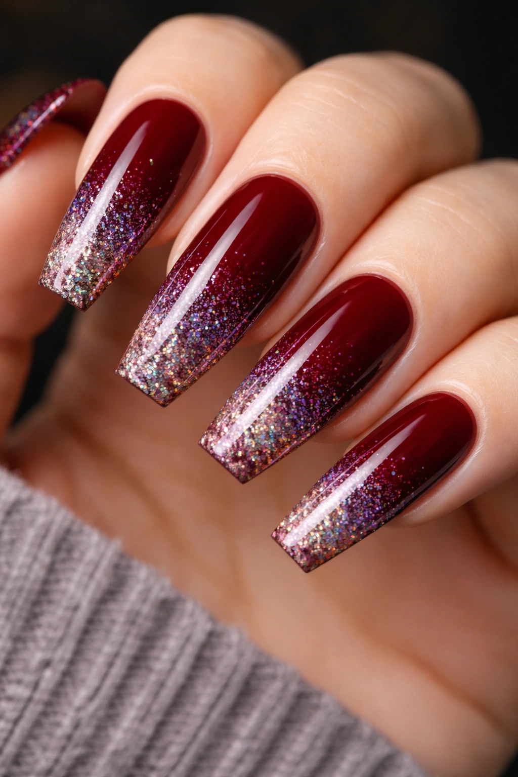 Dark red coffin nails with holographic glitter gradient at tips.