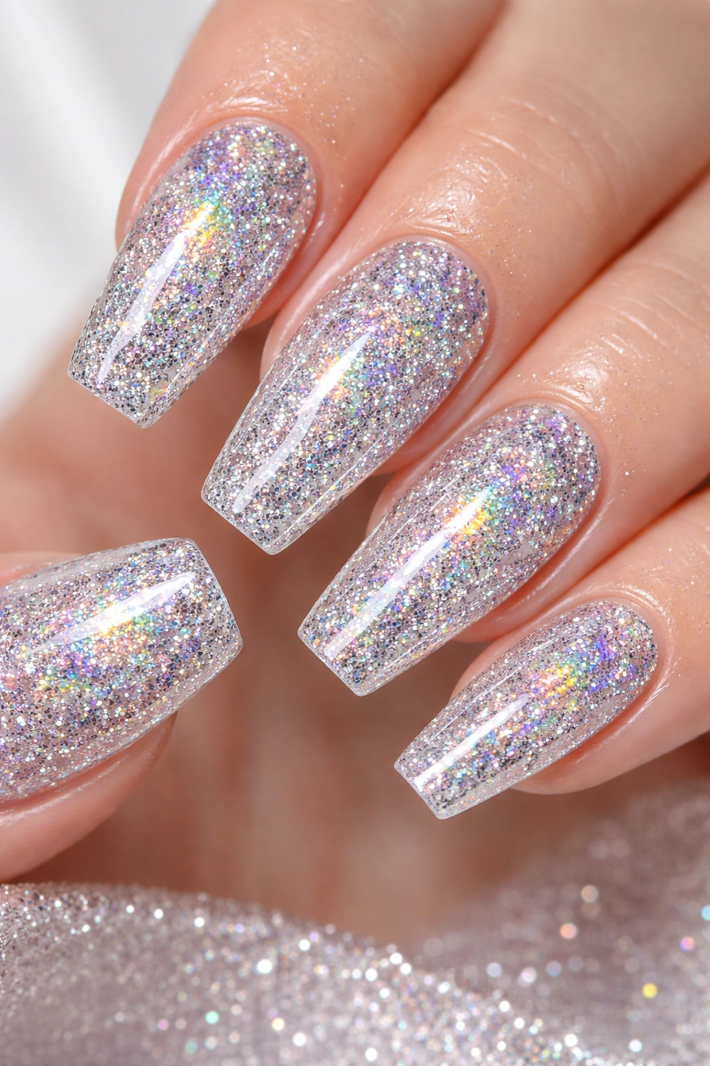 Nails with holographic silver glitter in clear acrylic, rainbow shimmer