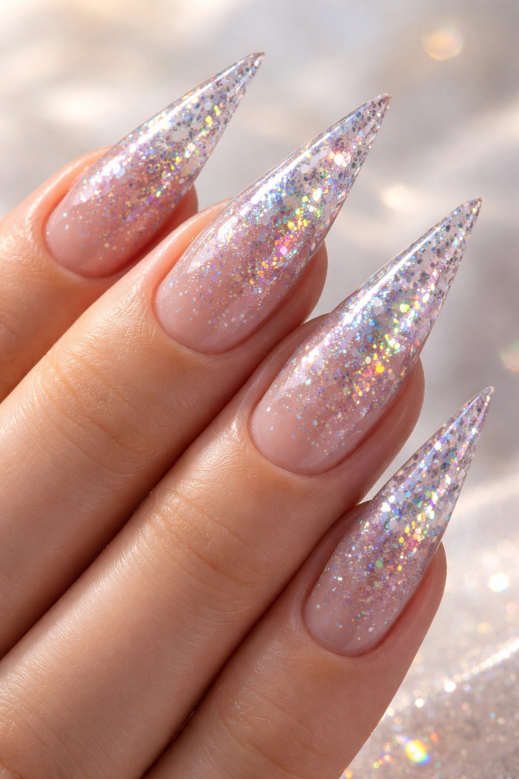 Close-up of holographic glitter nails on a clear base