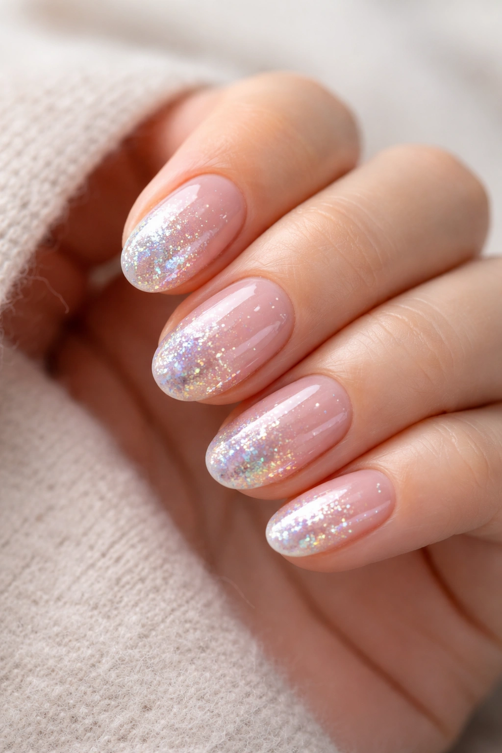 Close-up of short oval nails with holographic glitter glow and rainbow shifts