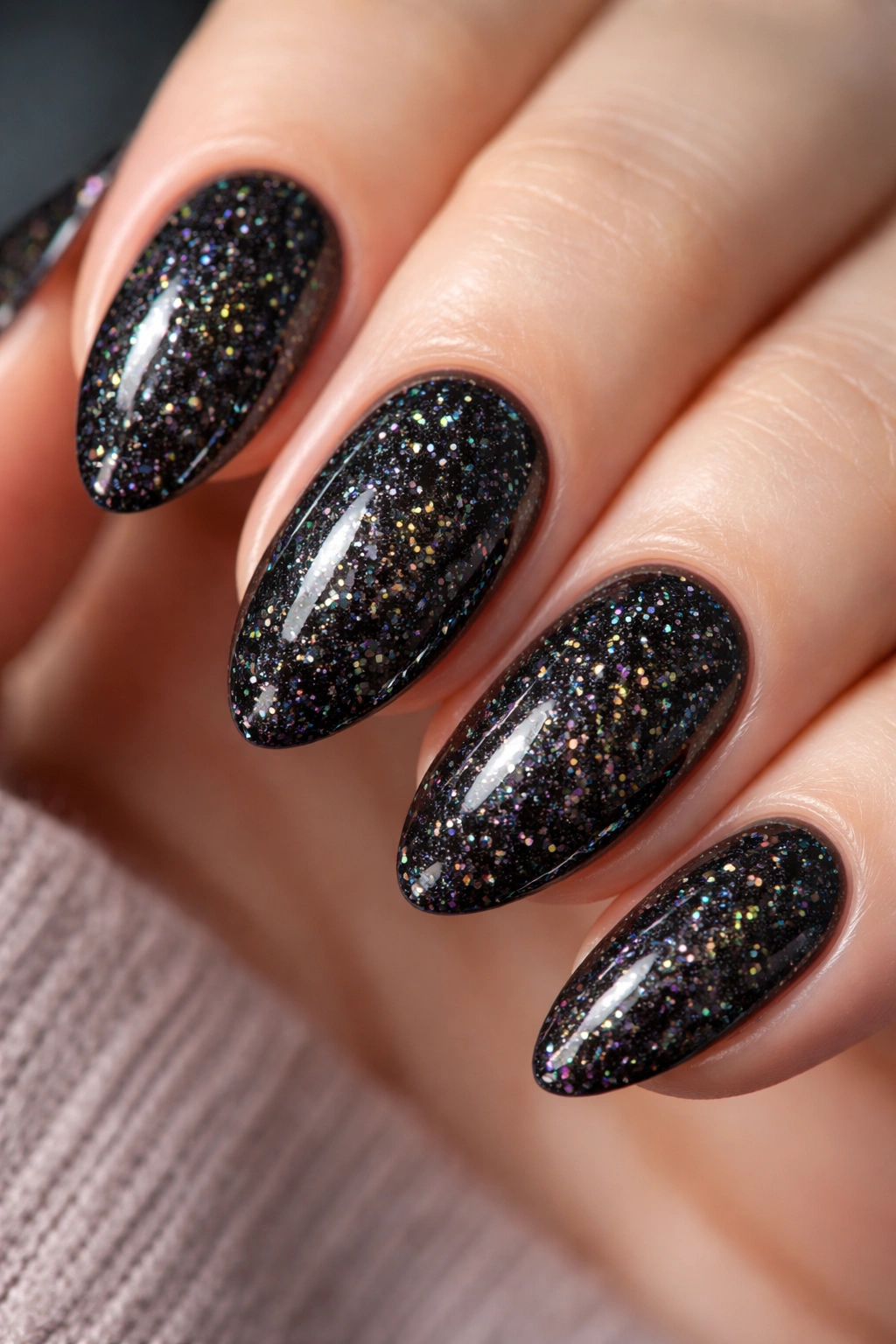Close-up of short almond nails with holographic glitter on black base