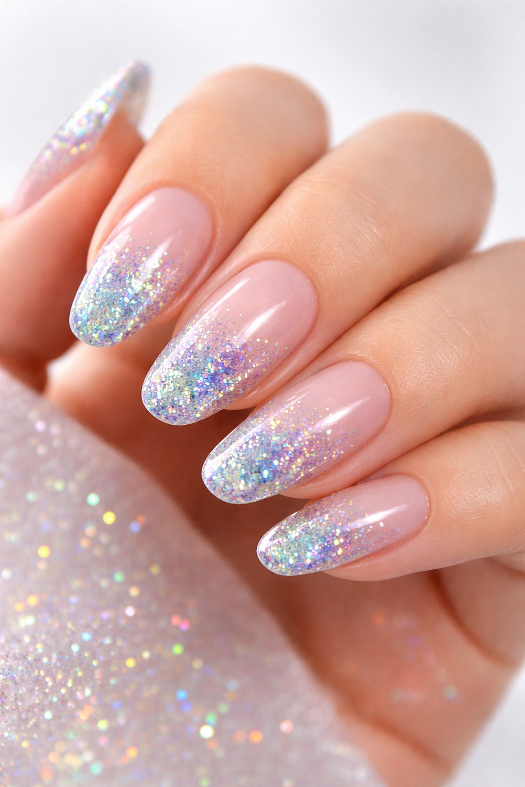 Holographic glitter ombré nails with rainbow shimmer close-up
