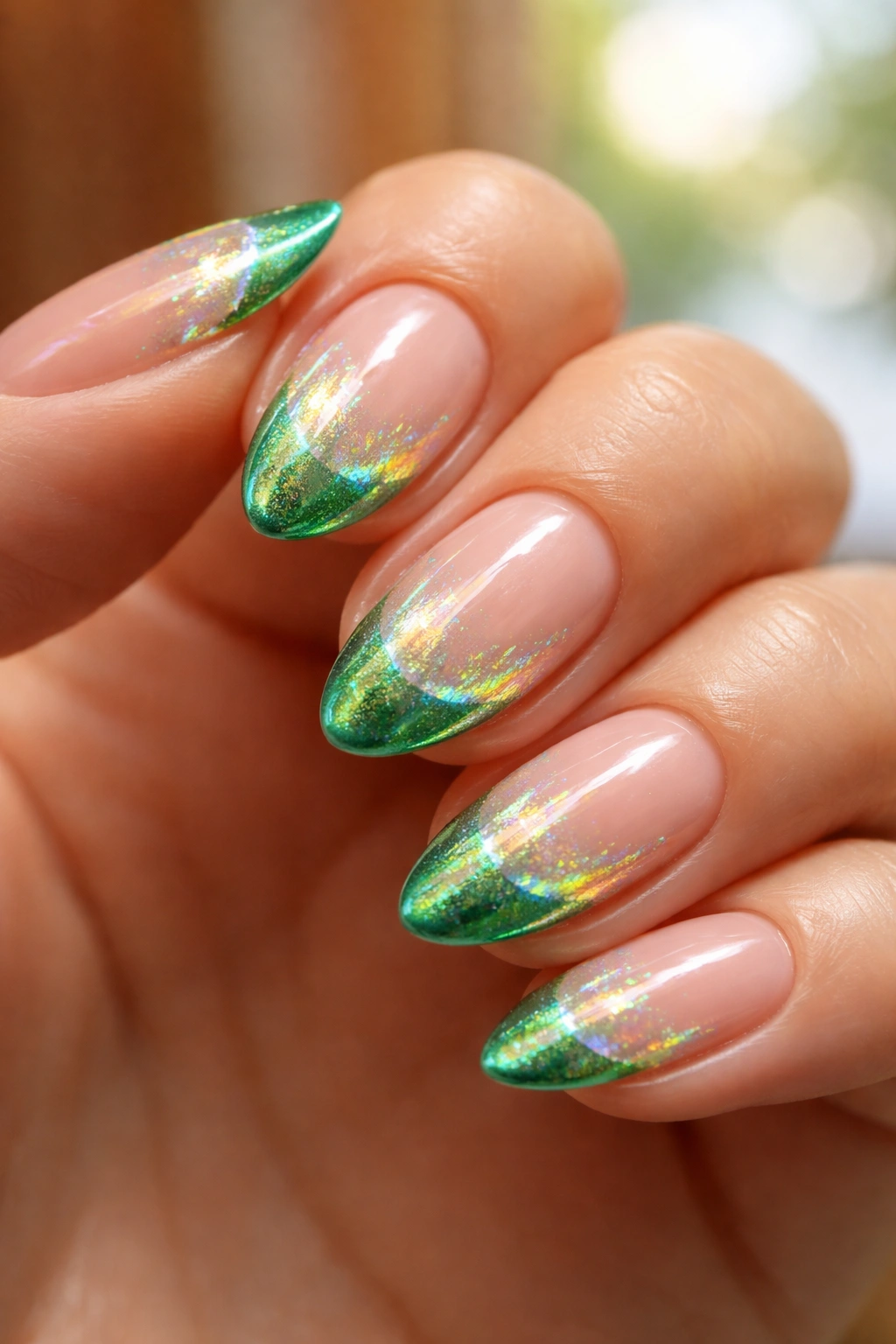 Close-up of a short almond nail with emerald base and holographic tip under warm light
