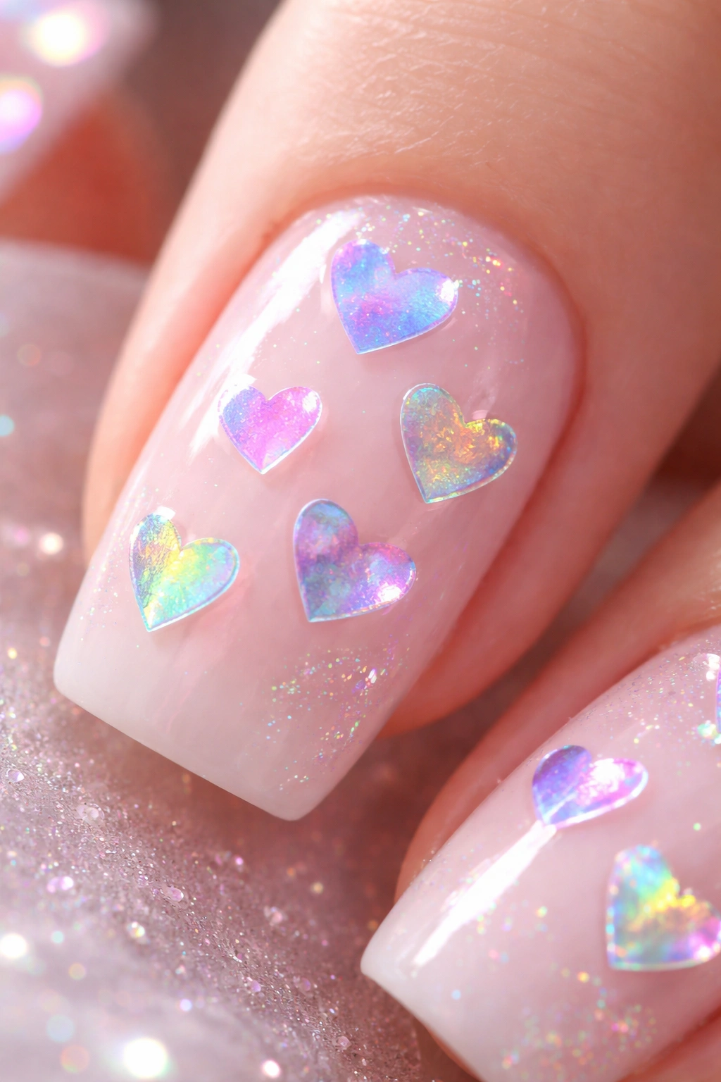 Nail with holographic rainbow hearts on a dark base under bright studio lighting