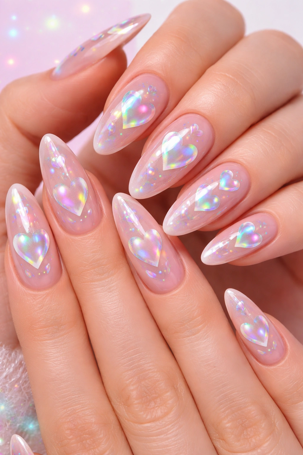 Nails with holographic heart shapes on pastel base