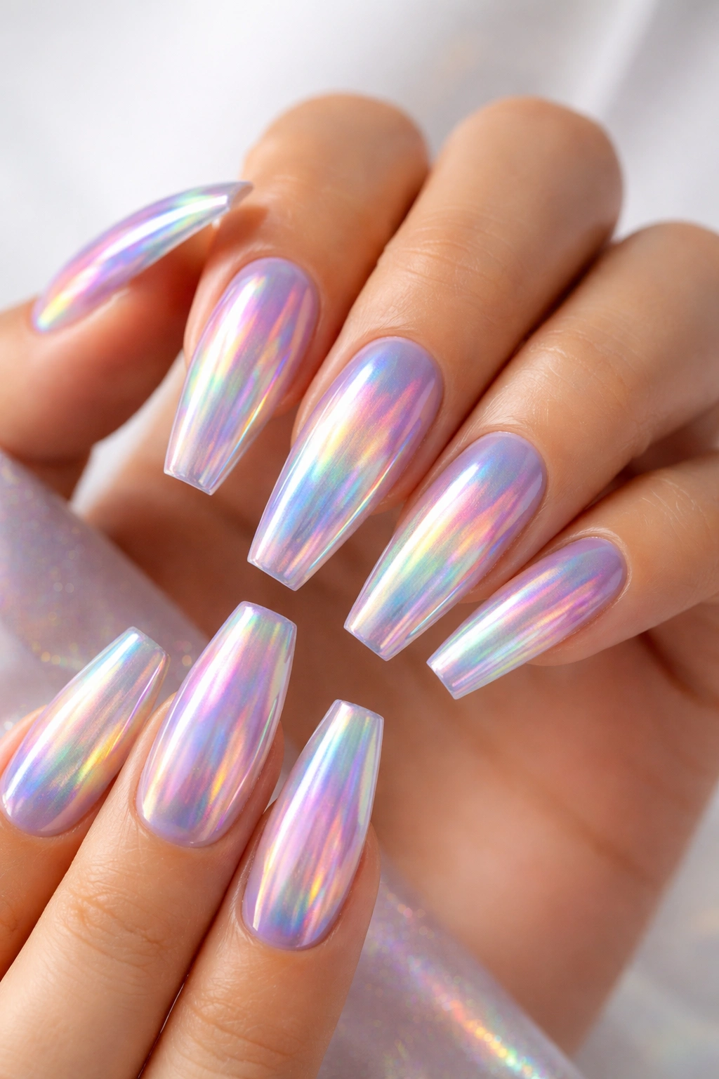 Close-up coffin nails with holographic iridescent finish and color-shifting shimmer