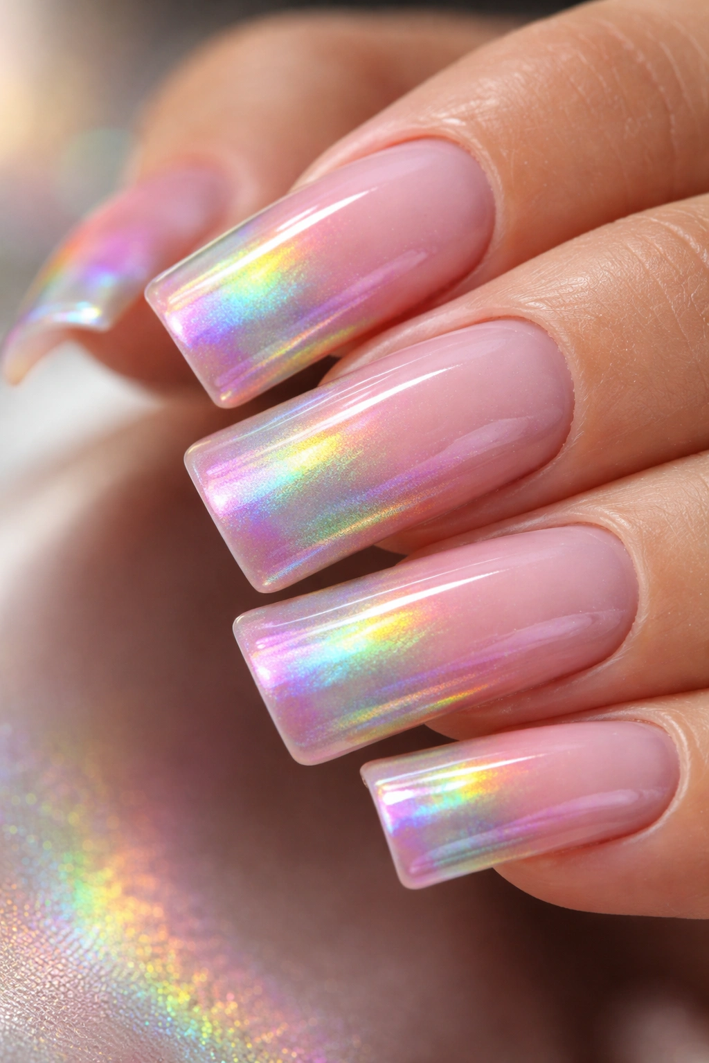 Wide duck nails with holographic iridescent gradient on pale base