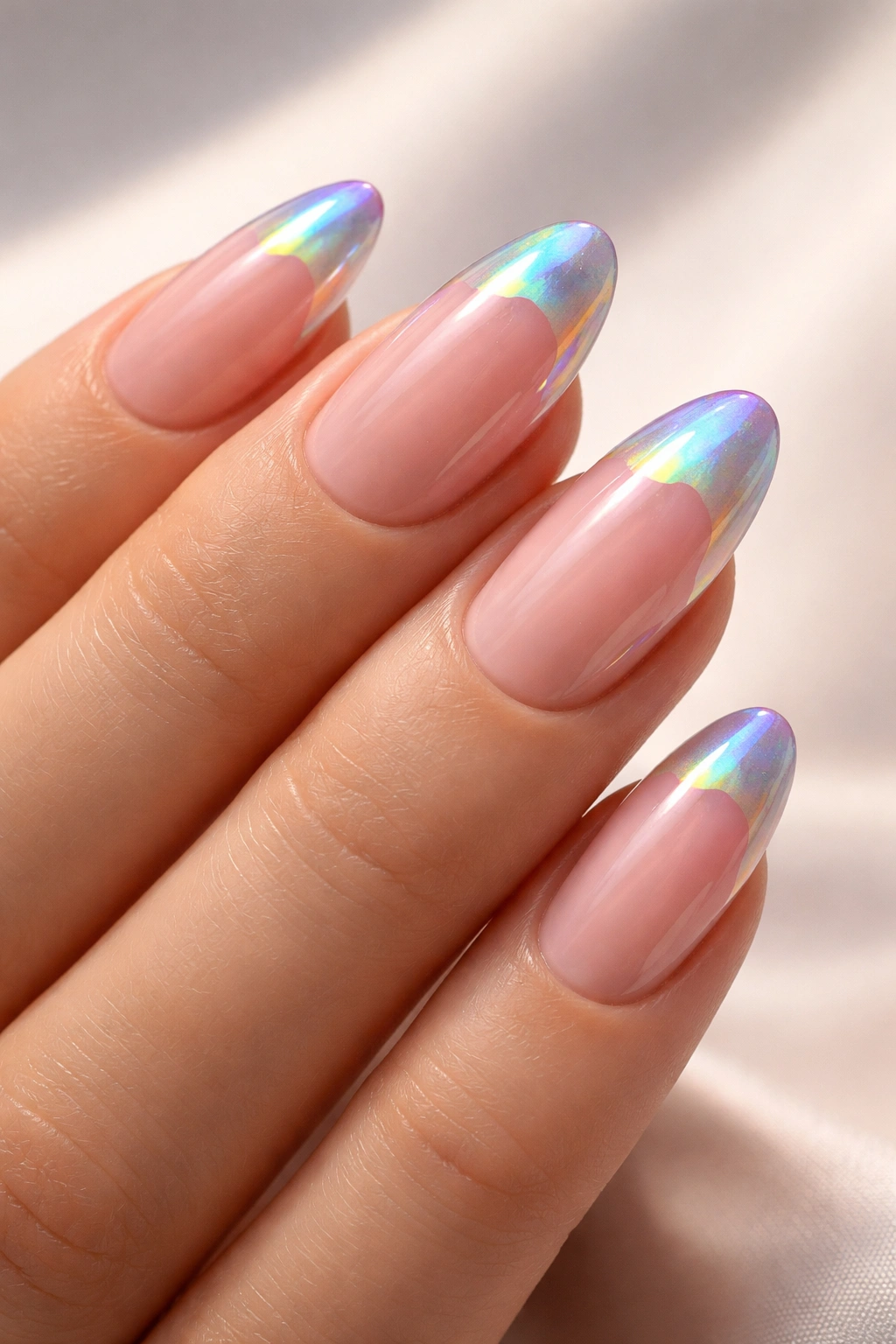 Close-up of oval nails with holographic tips showing rainbow reflections