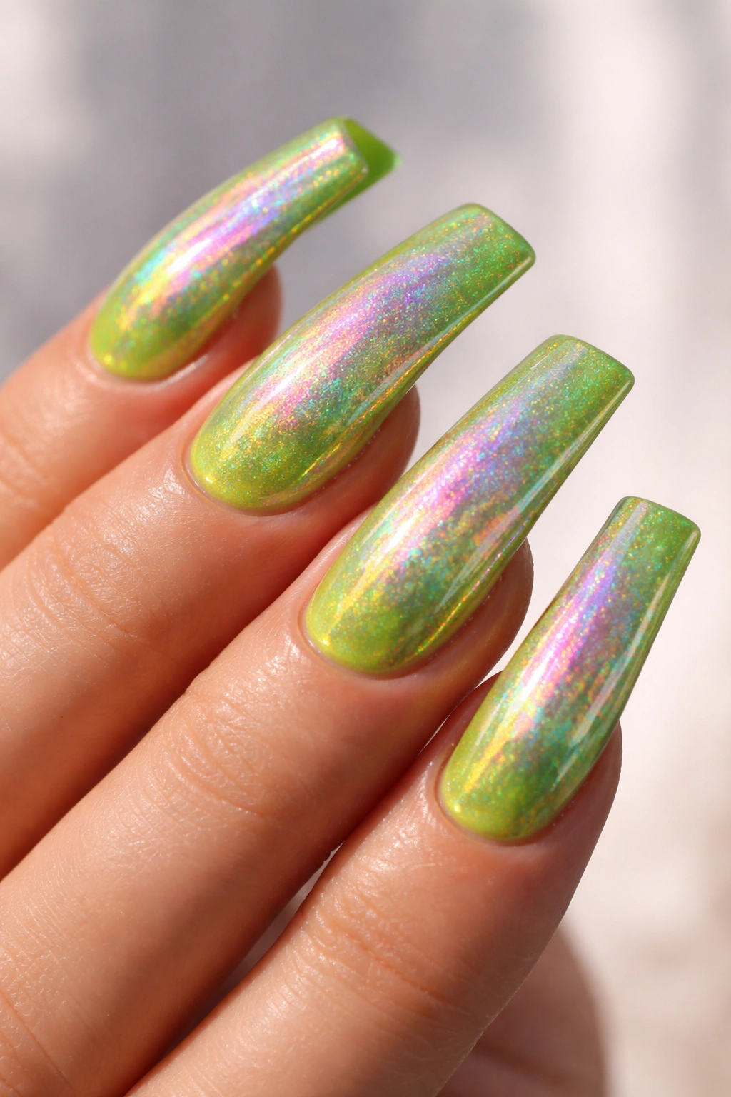 Holographic lime green duck nails with rainbow shimmer