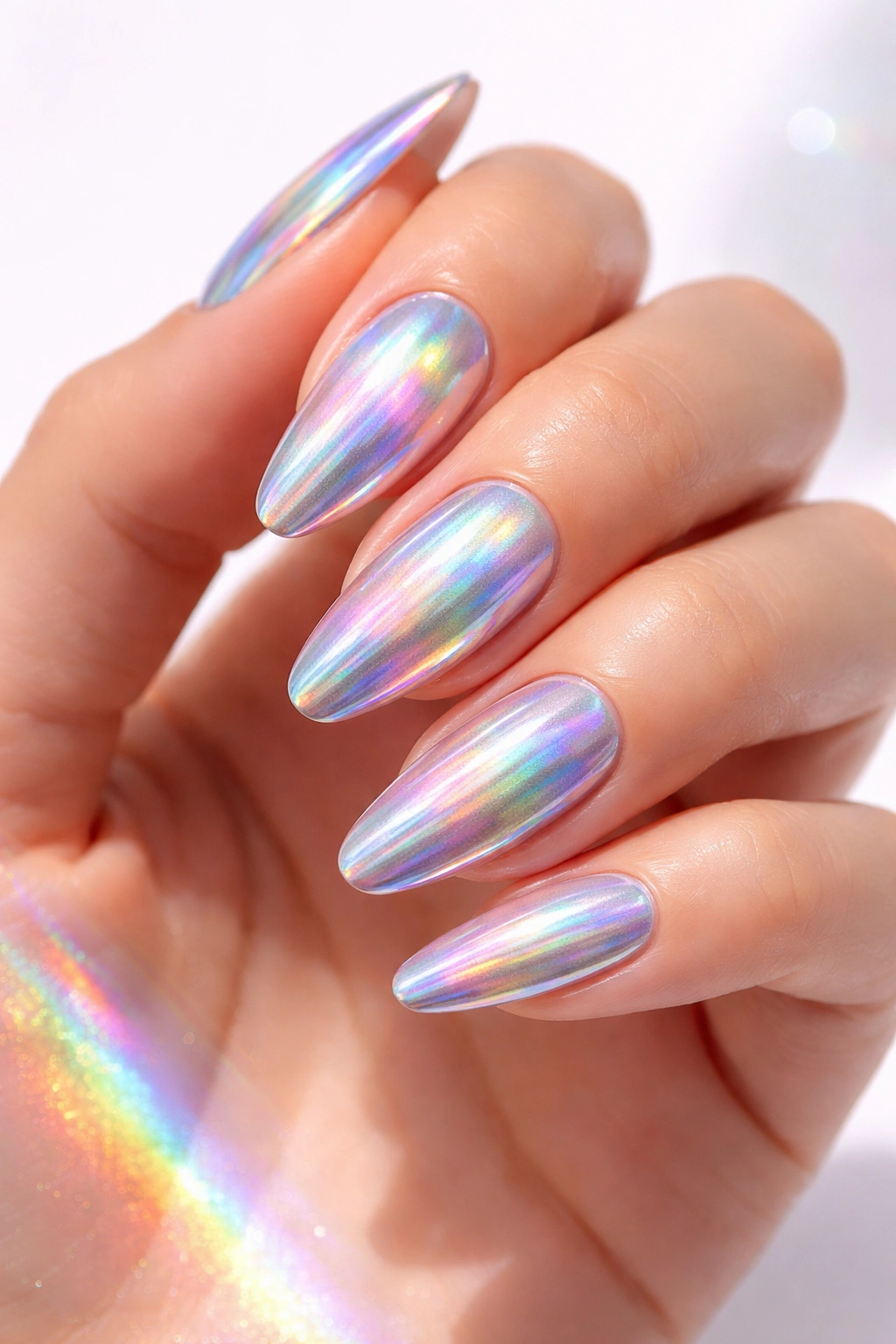 Close-up of hand with holographic rainbow-shift nails