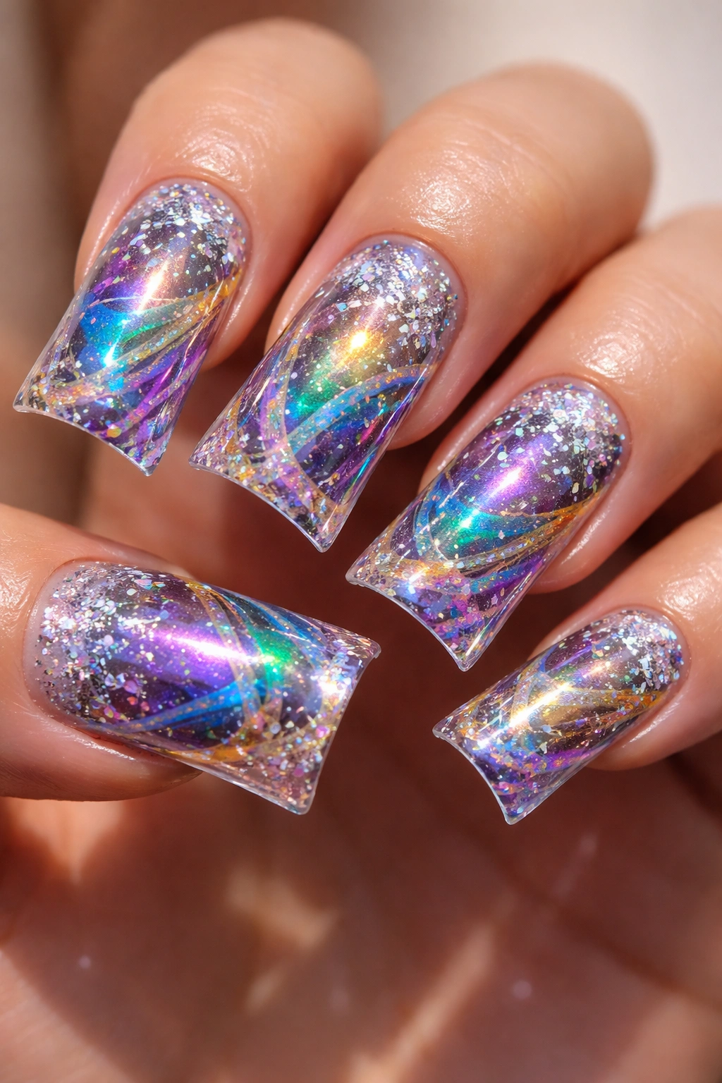 Nails with holographic swirls and metallic flakes producing color-shifting reflections.
