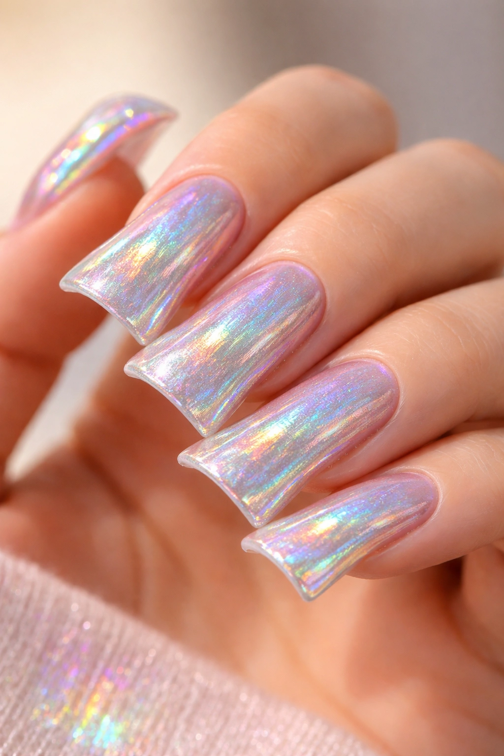 Close-up of duck nails with holographic finish showing color shifts on the curved tips