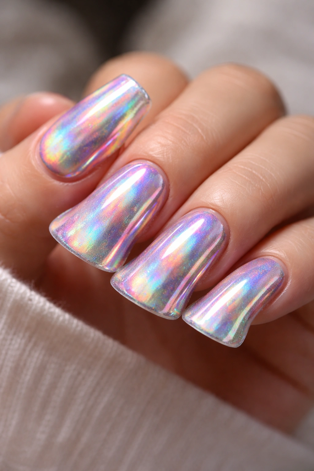 Duck nails shimmering with holographic rainbow iridescence under light