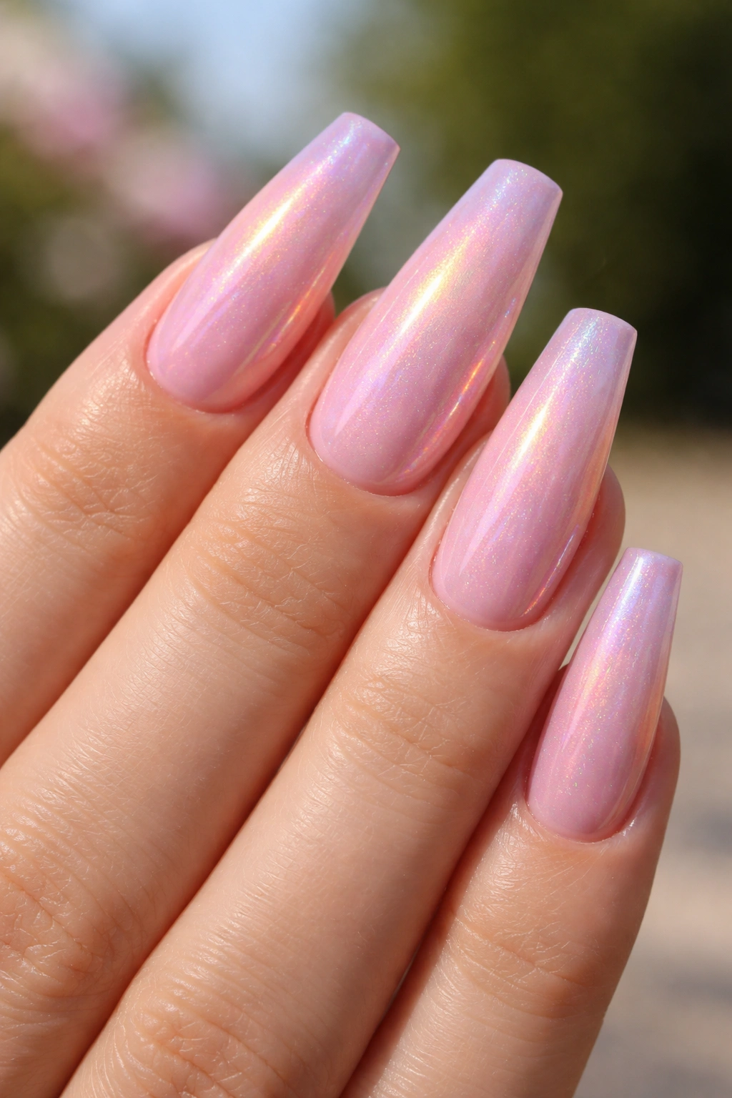 Close-up of long coffin nails with light pink holographic duochrome shifting to peach and lavender
