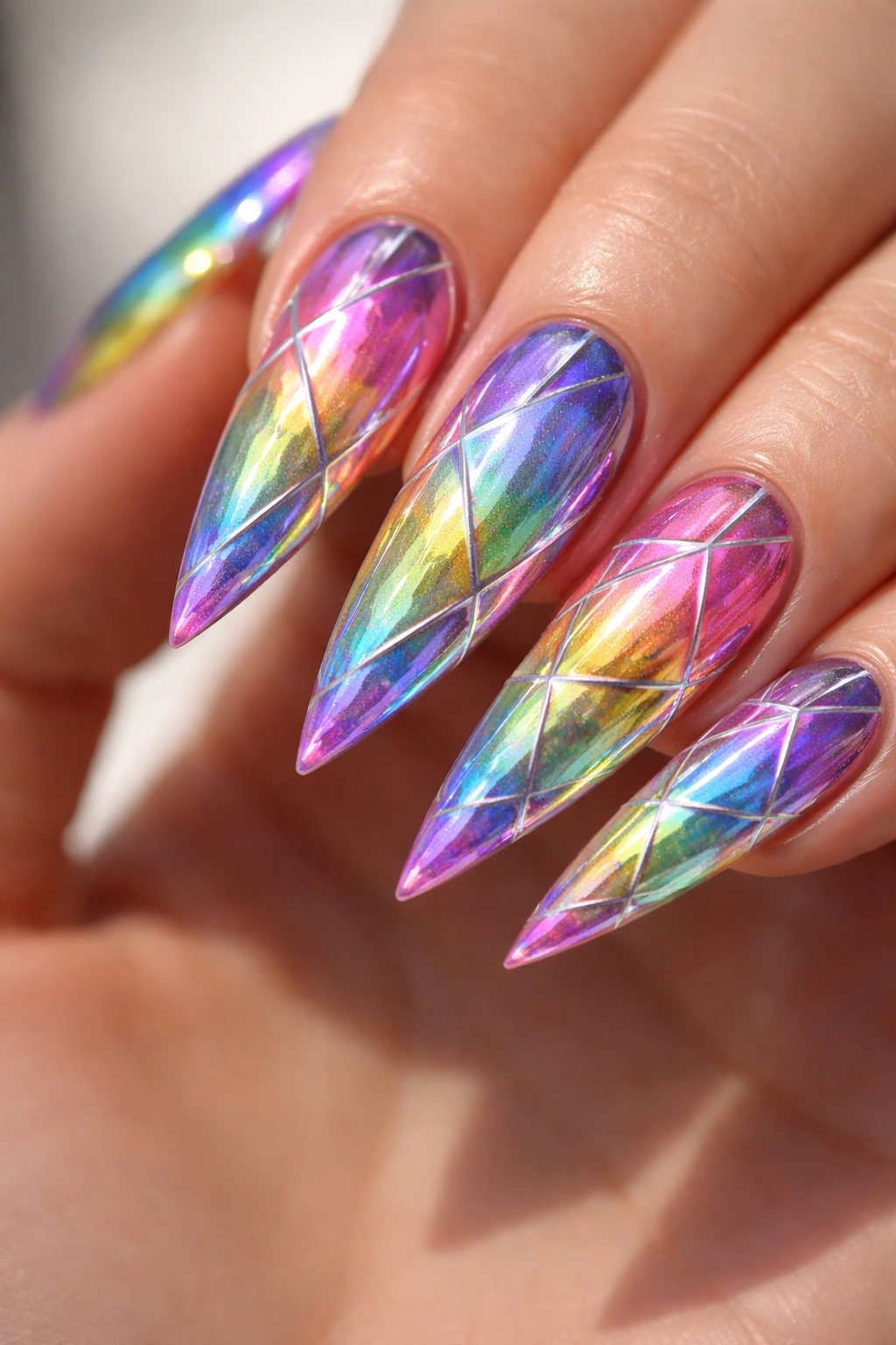 Stiletto nails with holographic rainbow base and geometric patterns.