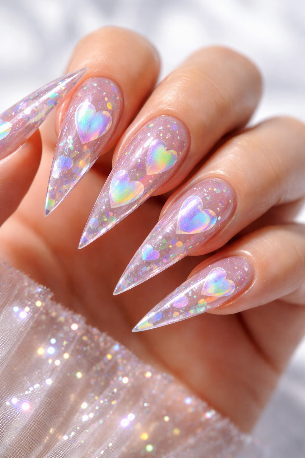 Close-up of holographic heart nails shifting rainbow colors on a light base