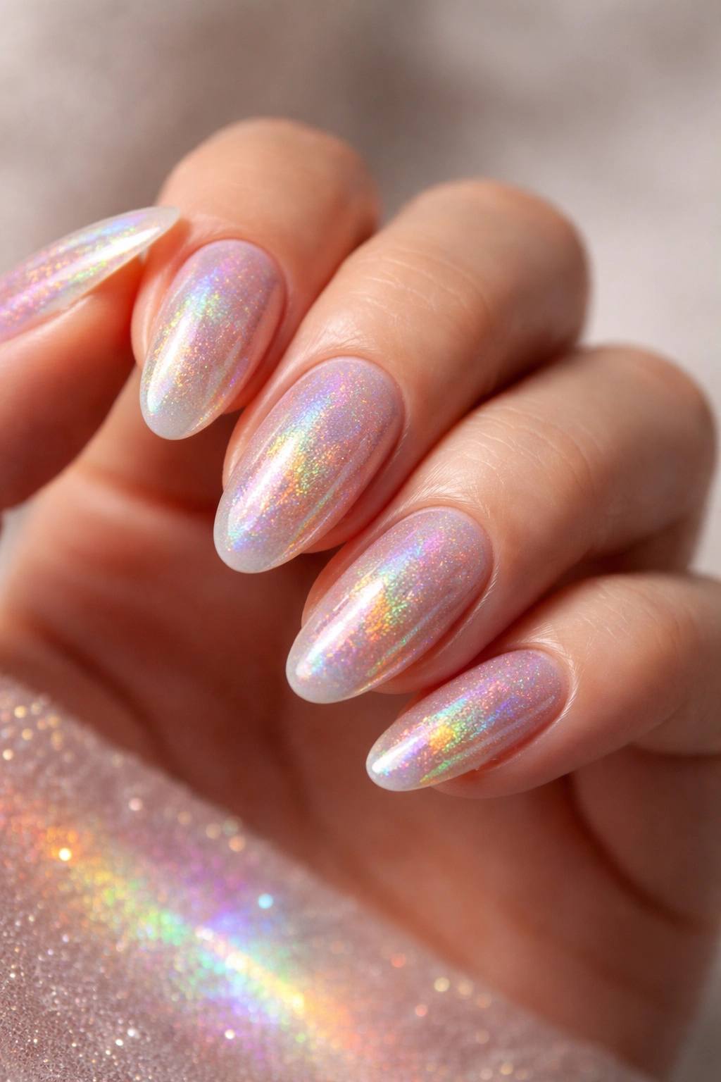 Nails with holographic rainbow shimmering effect