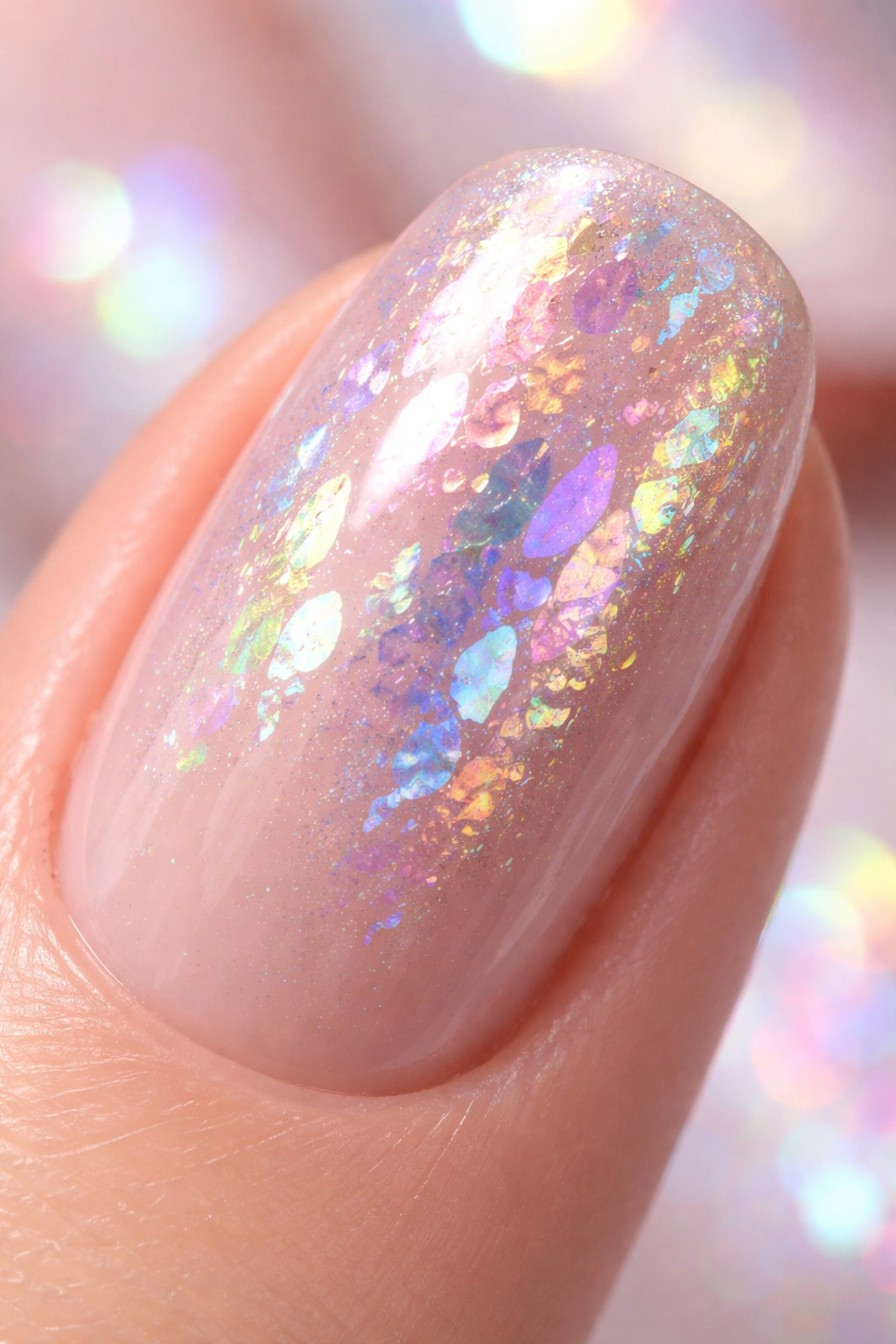 Close-up of a nail with holographic foil overlay showing iridescent color shift.