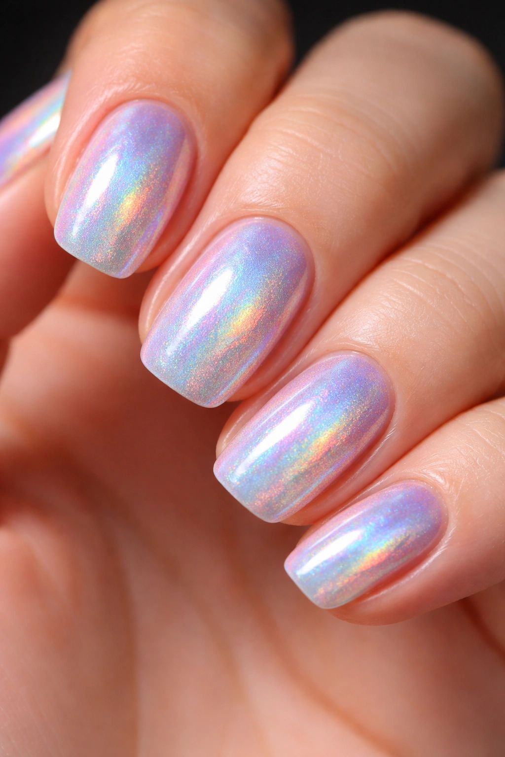 Holographic iridescent nails on squoval tips