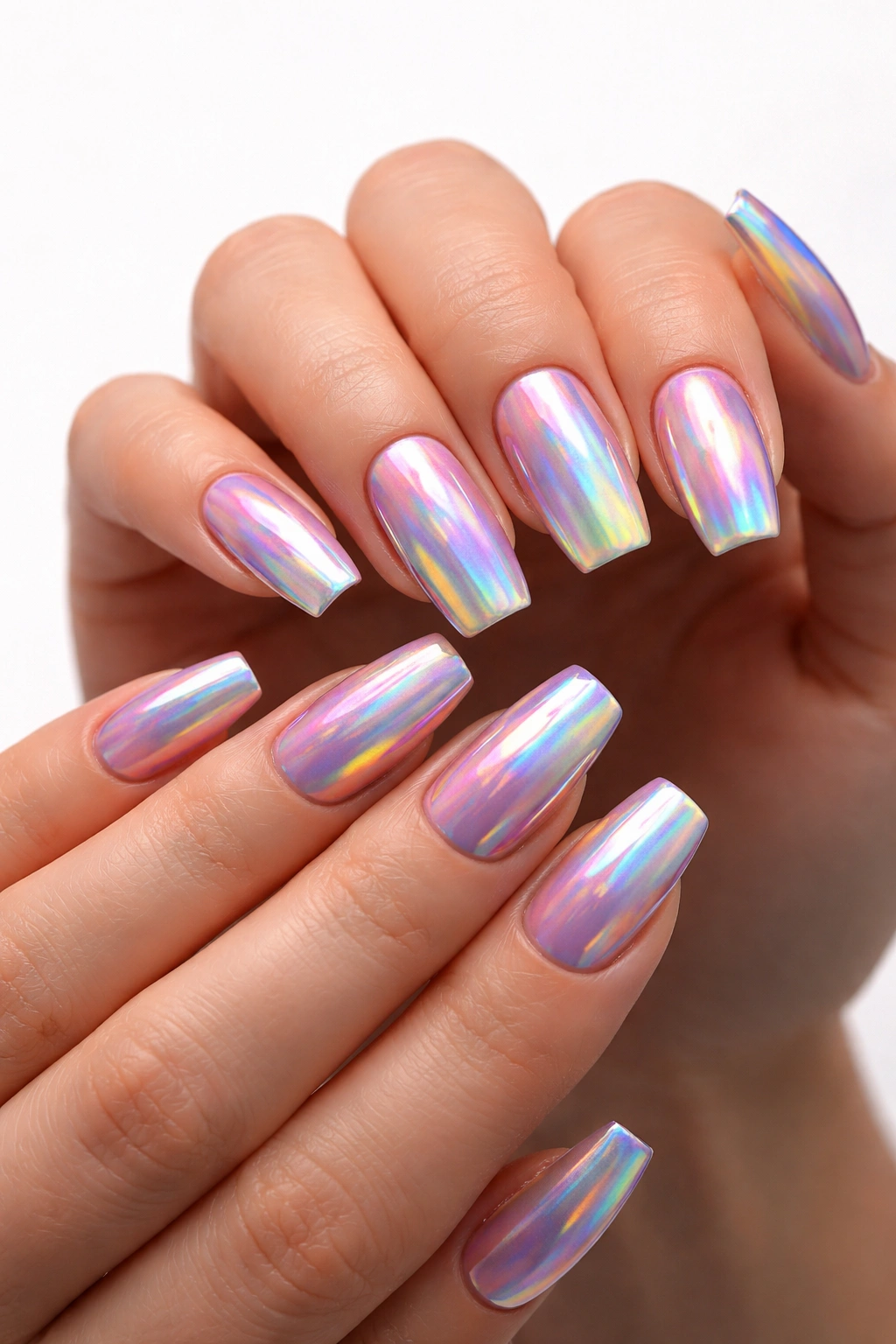 Medium-length acrylic nails with rainbow holographic shimmer under bright light.