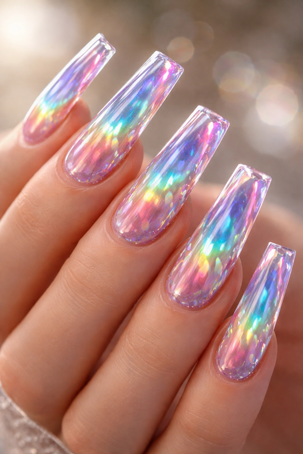 Holographic rainbow nails on long nails.