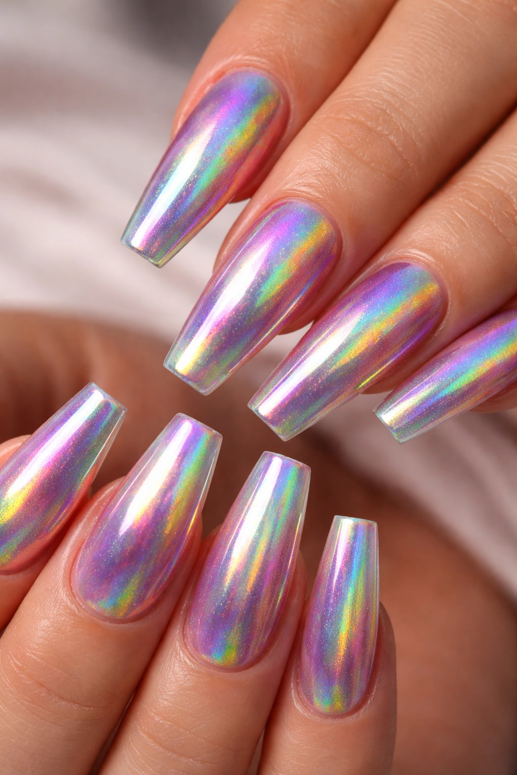 Close-up of coffin nails with holographic rainbow finish showing color shifts