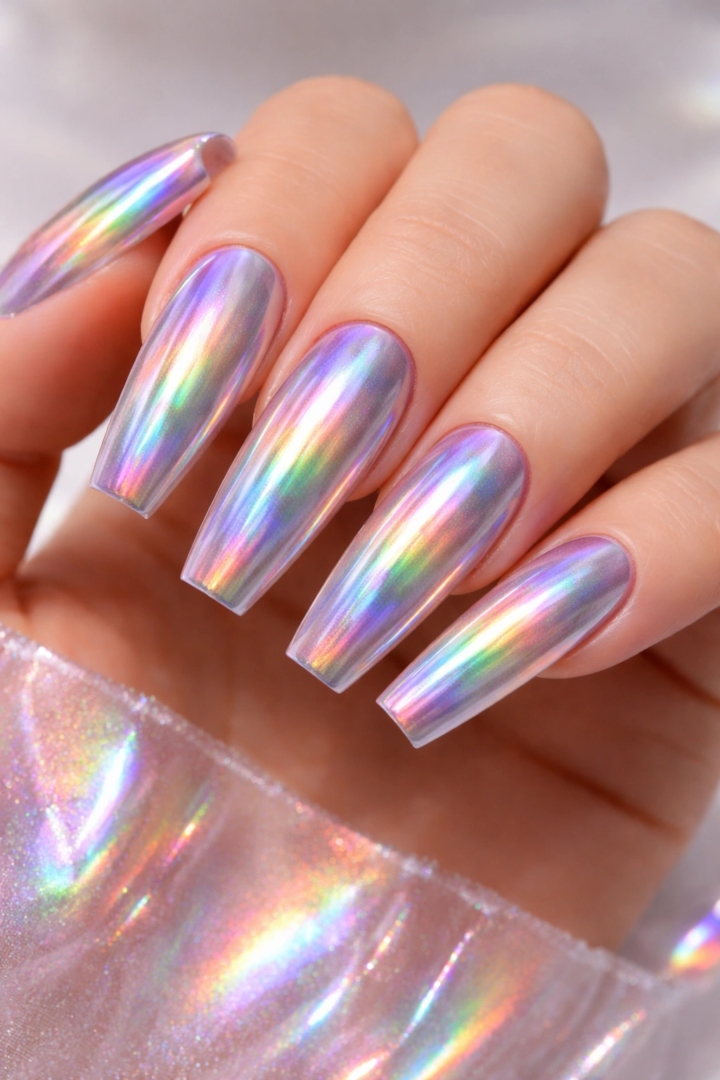 Close-up of long holographic rainbow nails shimmering with iridescent colors.