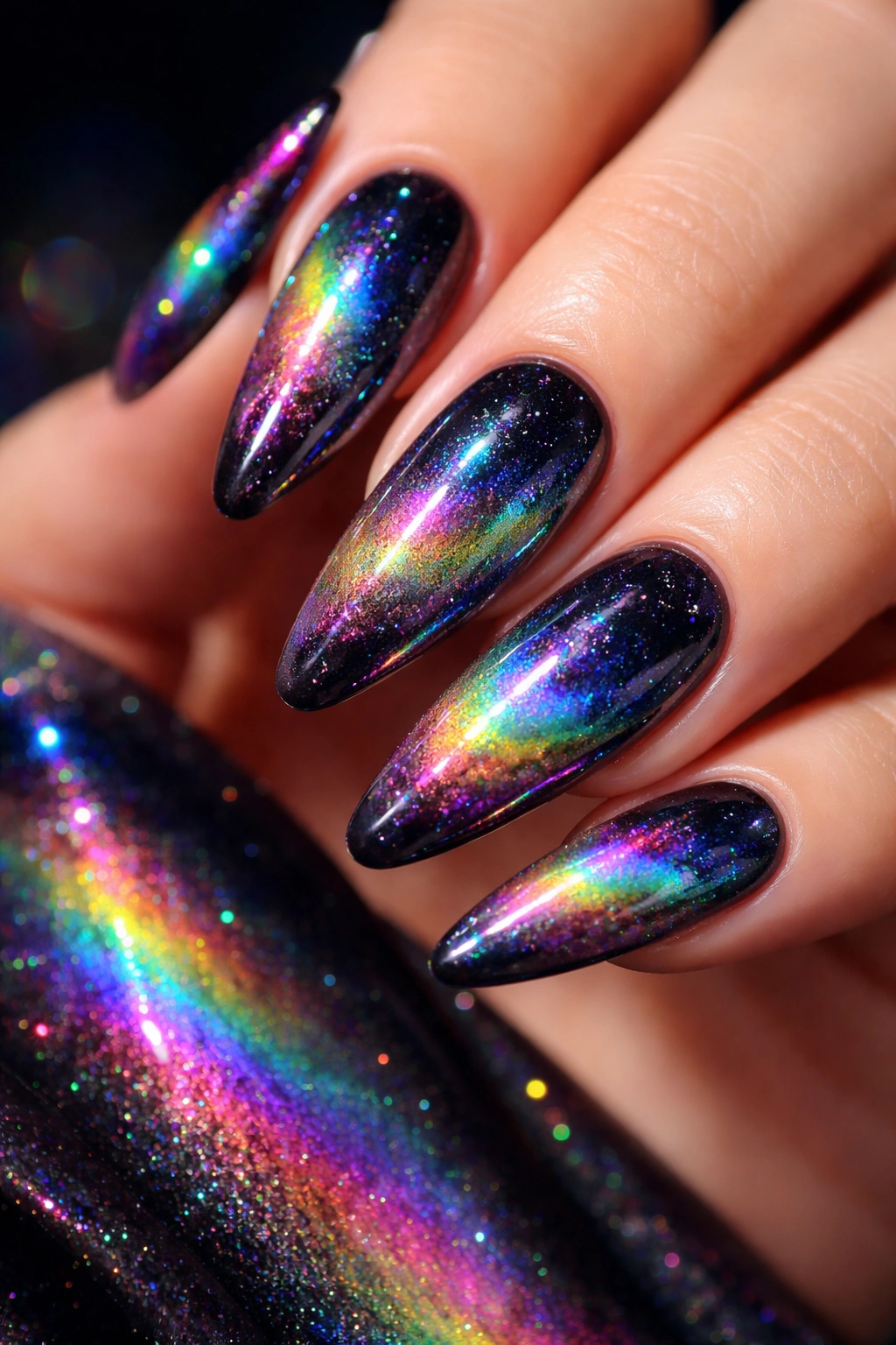 Dark base holographic nails reflecting rainbow colors