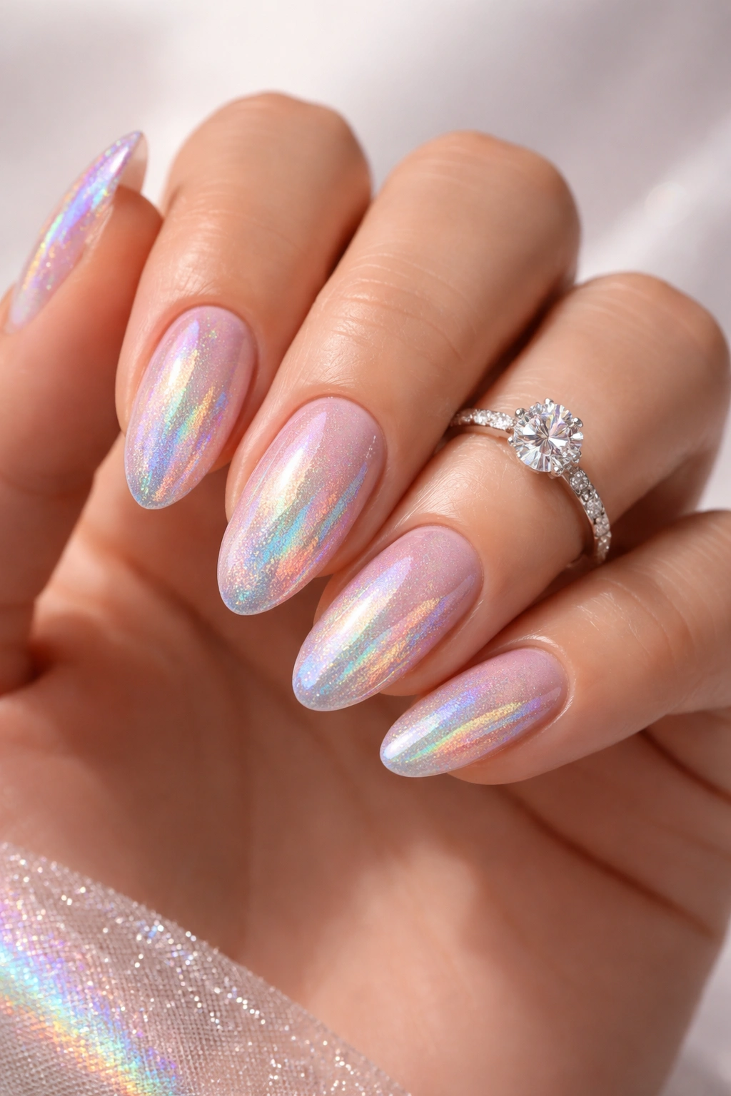 Holographic nails showing rainbow shimmer over neutral base