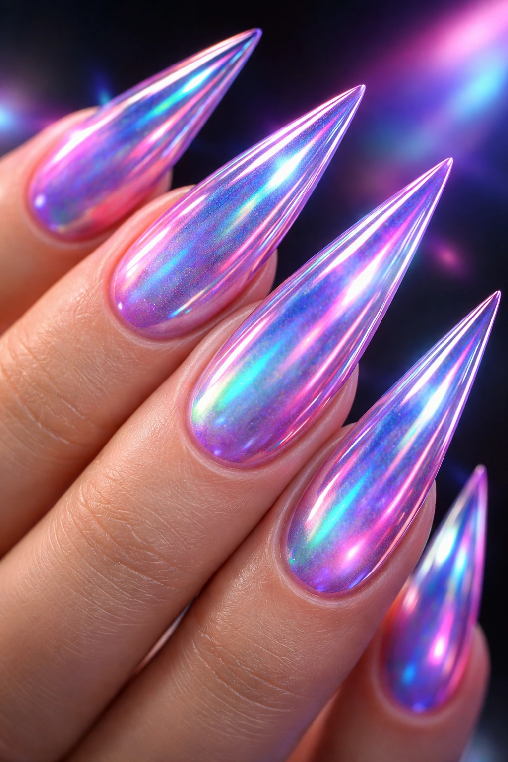 Close-up of holographic shift nails on stiletto tips