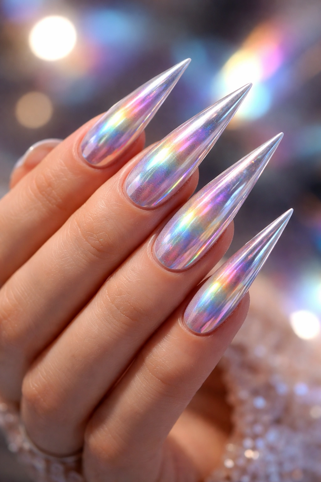 Stiletto nails with holographic iridescence showing rainbow color shifts under light