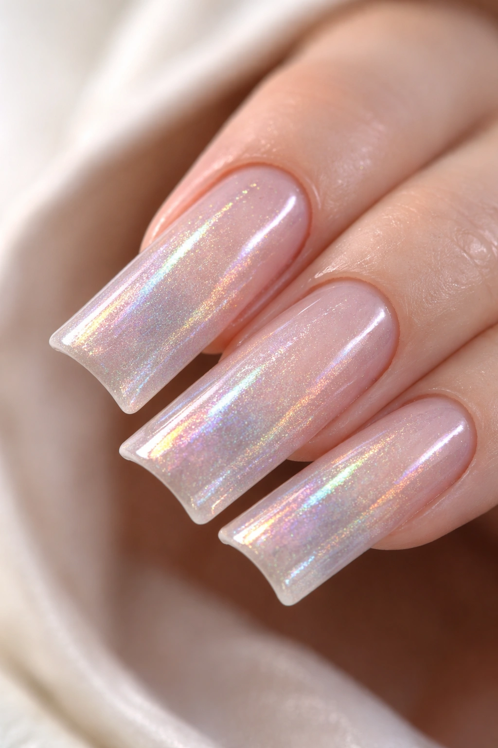 Close-up of slim duck nail with nude base and holographic shimmer