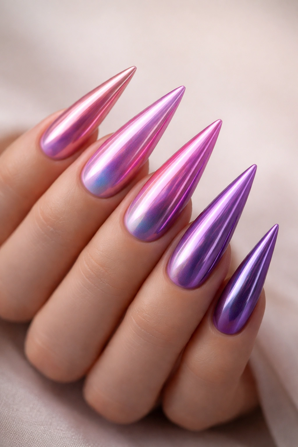 Holographic chrome ombre nails from pink to purple on stiletto tips
