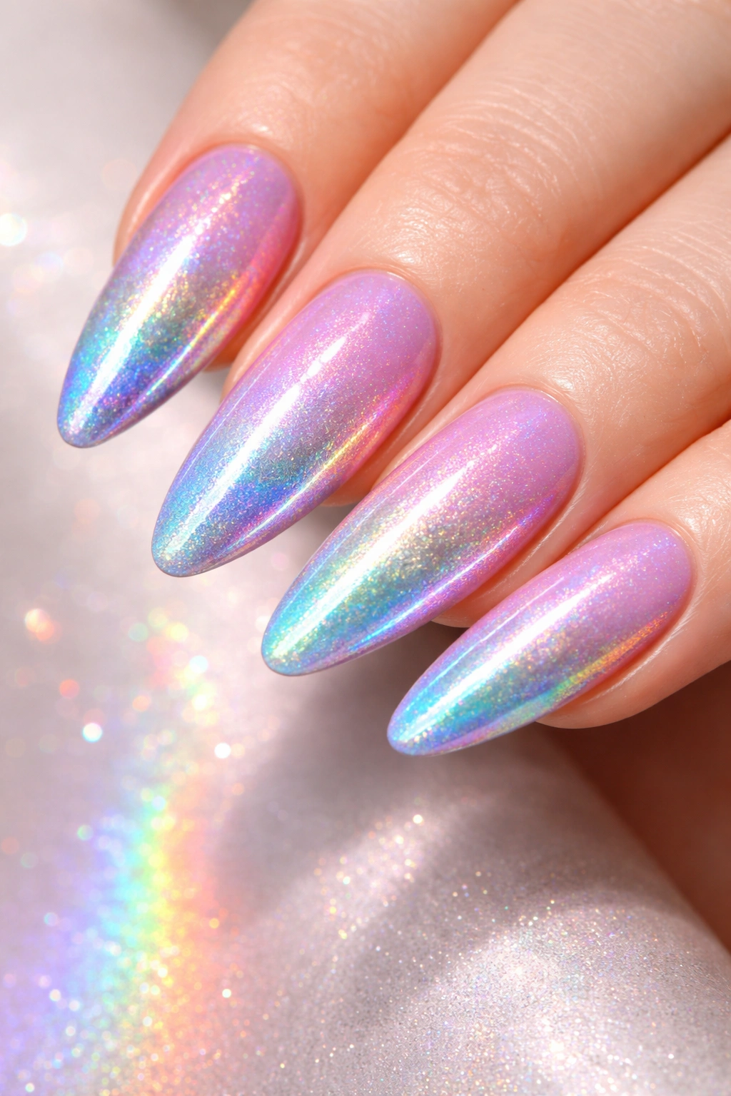 Close-up holographic ombre nails with rainbow iridescence