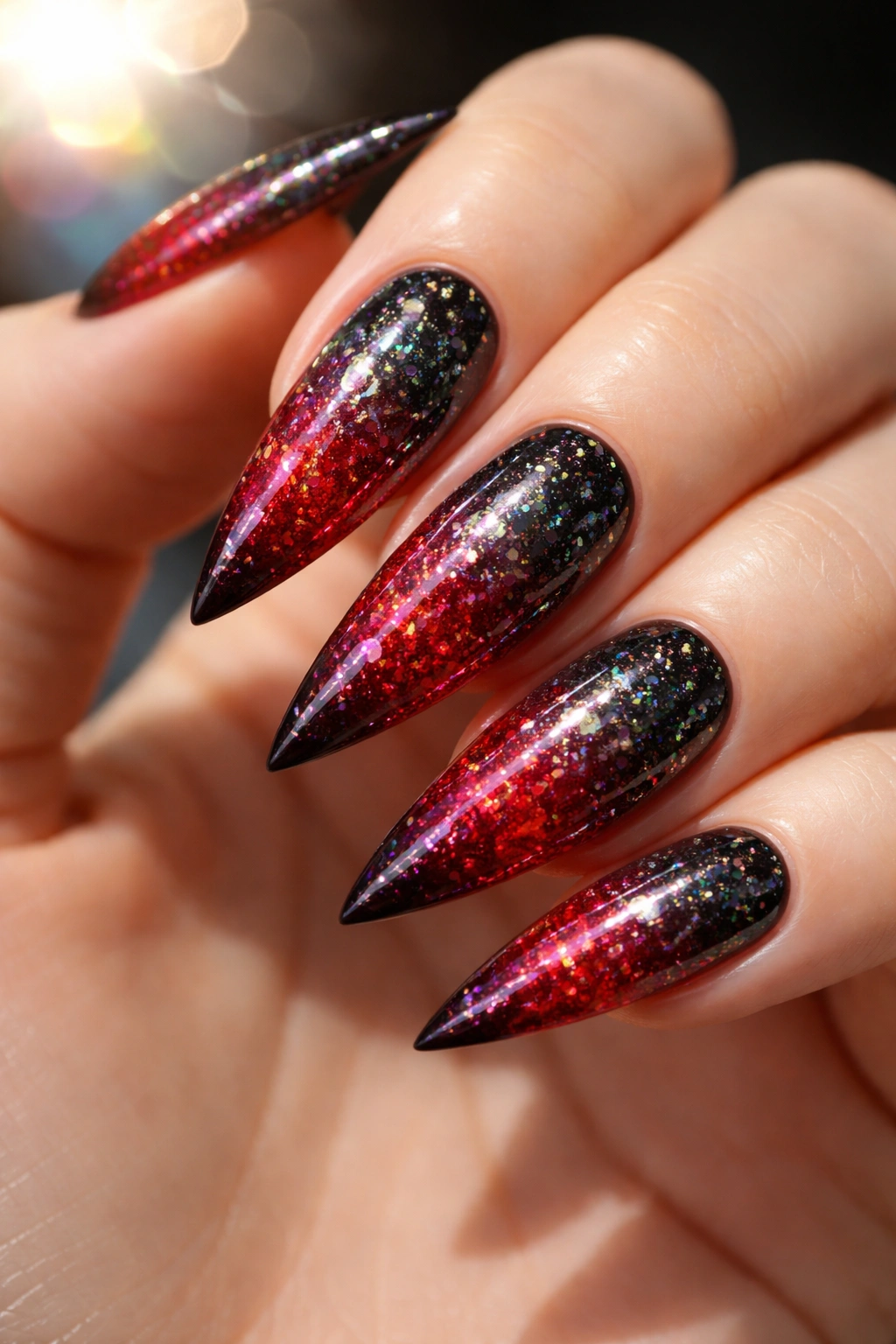 Close up of holographic red and black ombre nails with rainbow shimmer